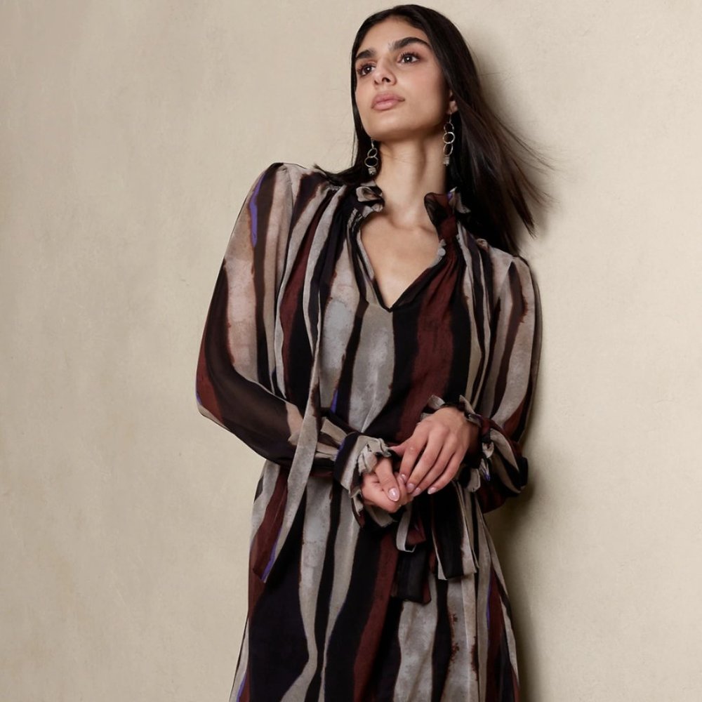 Banana Republic Factory Fit & Flare Midi Dress, Striped, Baked Chocolate - M